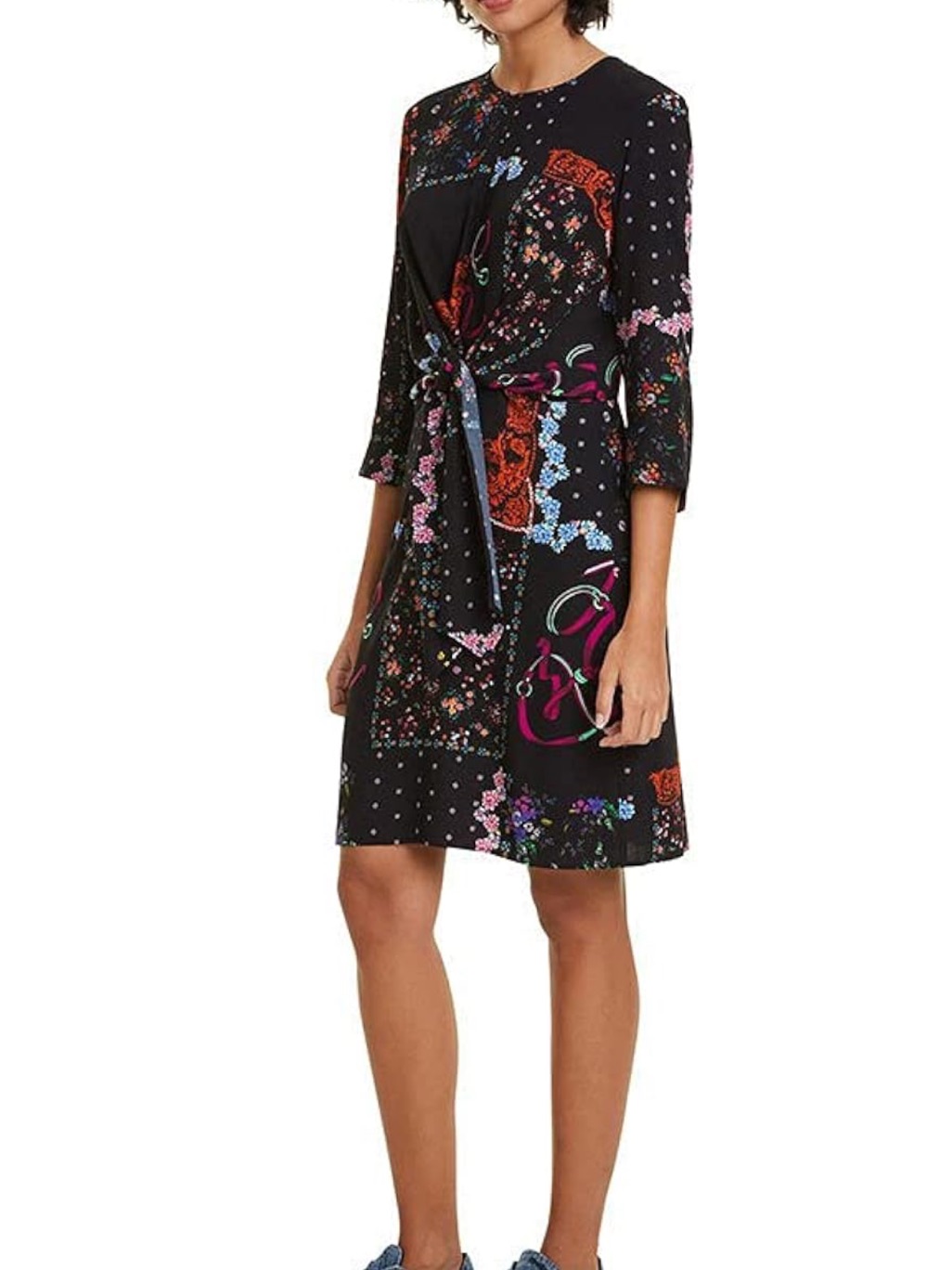 Desigual Black Floral & Abstract Midi Dress With Twist Front